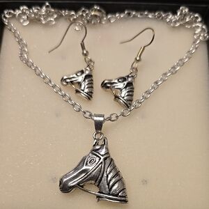 Silver Horse Pendant Necklace and Earring Set